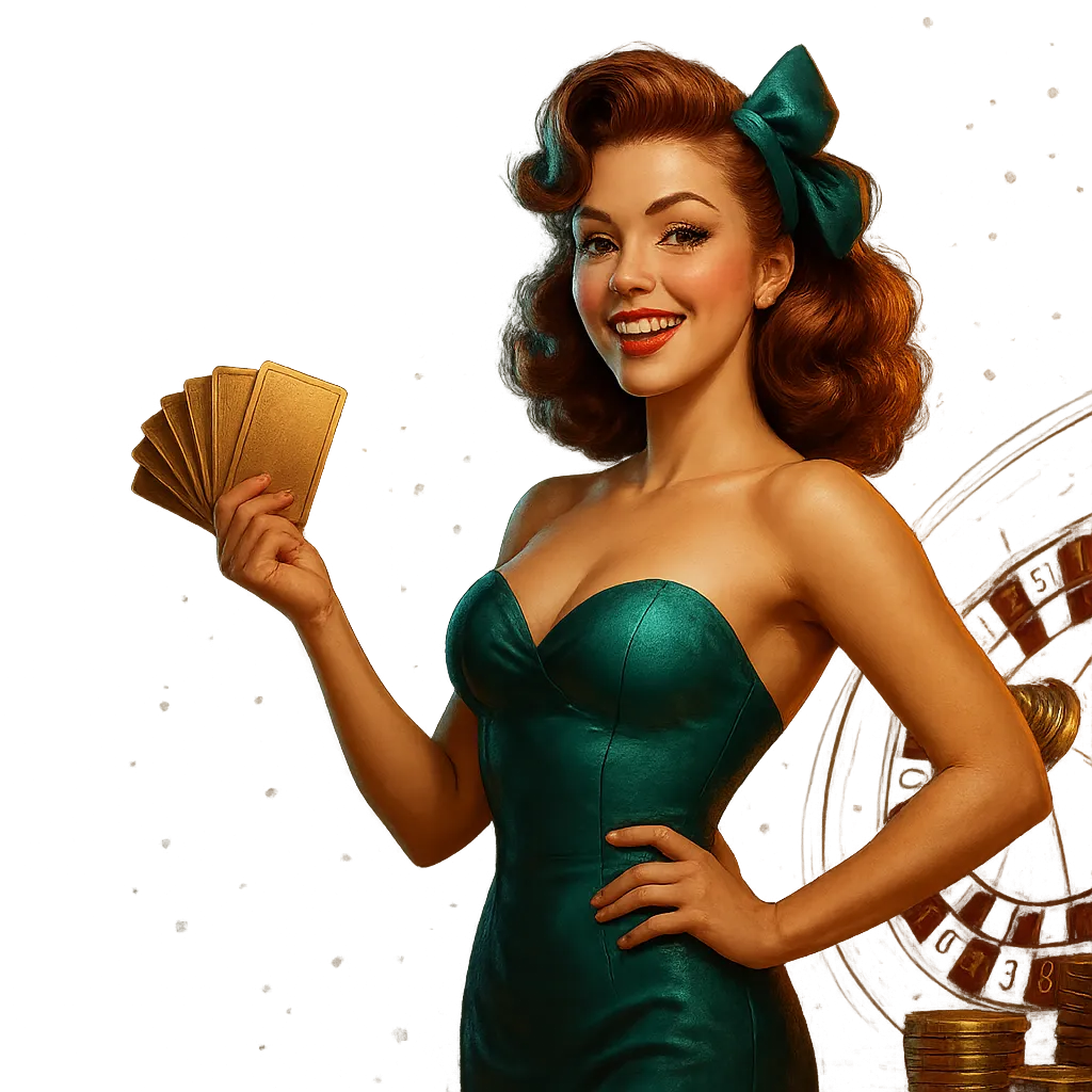 Cinematic hero background for Pin Up Casino with stylized 3D pin-up element on right.