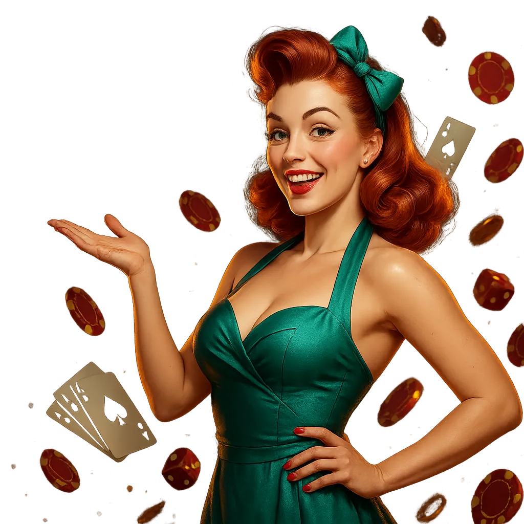 Cinematic hero image for Pin Up Casino, featuring a stylized vintage pin-up doll. Bright pin-up style contrasted against a da